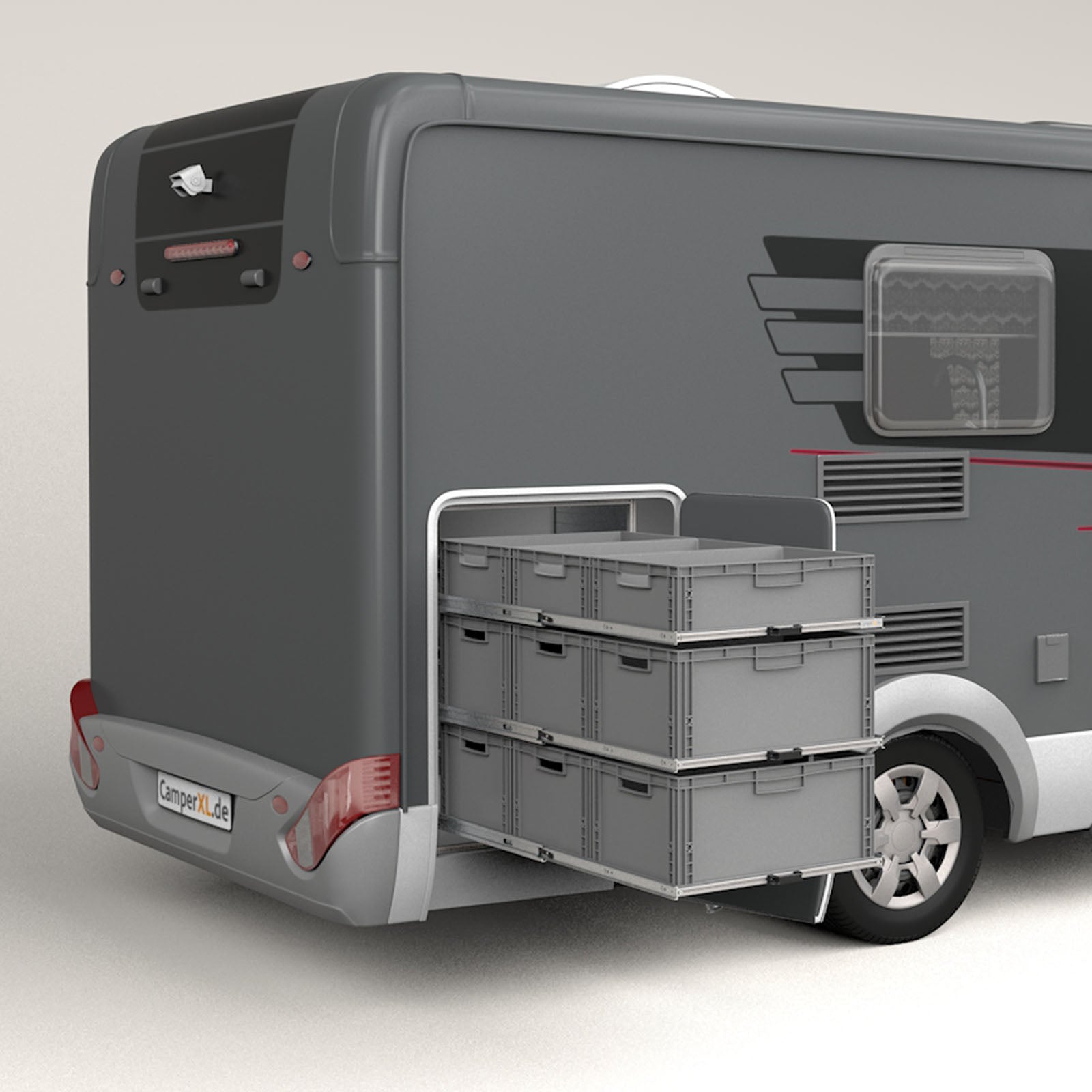 Wohnmobilregal 1200 x 600 mm mit 3 Etagen und Vollauszug für 9 große Euroboxen in der Heckgarage